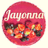 Beautifully decorated red velvet berry birthday cake with vibrant fruits and a glowing 'Jayonna' name, adding a touch of sweetness and sparkle.