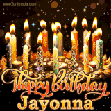 A glowing personalized birthday GIF with name Jayonna featuring lit candles with intricate designs, warm lighting, and the text 'Happy Birthday' in an elegant font.