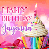 A vibrant birthday GIF featuring a rainbow-colored cupcake topped with white frosting, sprinkles, and a lit candle. The text reads 'Happy Birthday Jayonna' in bold pink and violet letters with white outline.