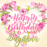 A stunning heart made of pink roses surrounds the elegant script text 'Happy Birthday Jayonna' on a soft beige background. Animated sparkles add a magical and festive feel.