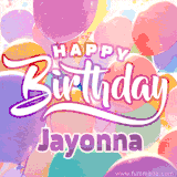 A vibrant name GIF featuring colorful balloons in shades of pink, orange, and yellow with the bold text 'Happy Birthday Jayonna' in festive fonts, creating a lively birthday vibe.