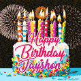 Amazing Animated GIF Image for Jayshon with Birthday Cake and Fireworks