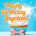 A cheerful animated GIF of a cupcake with creamy frosting, a red checkered ribbon, and a bright sparkler on top. The text 'Happy Birthday Jayvian!' is displayed in vibrant orange and red.