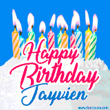 A cheerful animated GIF featuring colorful lit birthday candles on a white cake, with the text 'Happy Birthday Jayvien' in bold red and blue script on a bright blue background.