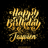 Animated GIF with colorful, festive 'Happy Birthday Jayvien' text decorated with patterns, a party hat, and falling confetti. A vibrant and cheerful design for birthday celebrations.