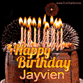 A rich chocolate cake topped with glowing birthday candles and surrounded by bright fireworks. The animated GIF displays the message 'Happy Birthday Jayvien' in golden text.