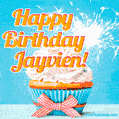 A cheerful animated GIF of a cupcake with creamy frosting, a red checkered ribbon, and a bright sparkler on top. The text 'Happy Birthday Jayvien!' is displayed in vibrant orange and red.