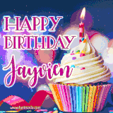 A festive animated GIF featuring a colorful cupcake with a single lit candle, sprinkles, and 'Happy Birthday Jayvien' text against a sparkling, celebratory background.