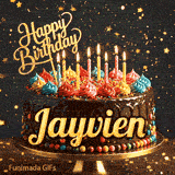Shimmering animated card featuring a detailed chocolate cake and the name Jayvien for his birthday celebration.