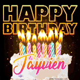 A vibrant animated GIF featuring a delicious birthday cake topped with glowing candles and the name 'Jayvien' in elegant script, and the words 'Happy Birthday' on the black background.