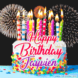 A lively happy birthday animated GIF showcasing a colorful birthday cake covered in sprinkles, topped with glowing candles, and surrounded by vibrant fireworks. The name 'Jayvien' is featured in elegant script.