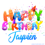 Animated GIF with colorful, festive 'Happy Birthday Jayvien' text decorated with patterns, a party hat, and falling confetti. A vibrant and cheerful design for birthday celebrations.