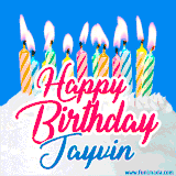 A cheerful animated GIF featuring colorful lit birthday candles on a white cake, with the text 'Happy Birthday Jayvin' in bold red and blue script on a bright blue background.