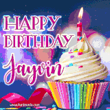 A festive animated GIF featuring a colorful cupcake with a single lit candle, sprinkles, and 'Happy Birthday Jayvin' text against a sparkling, celebratory background.