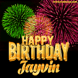 A captivating GIF with bursts of green, pink, and orange fireworks lighting up the night sky, accompanied by 'Happy Birthday Jayvin' in glowing golden text.