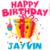 A funny animated birthday GIF with the words 'Happy Birthday Jayvina', colorful gift box with arms and legs, holding a cupcake with a lit candle  with confetti everywhere.