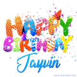 Animated GIF with colorful, festive 'Happy Birthday Jayvin' text decorated with patterns, a party hat, and falling confetti. A vibrant and cheerful design for birthday celebrations.