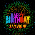 A colorful animated GIF featuring the text 'Happy Birthday Jayvion!' in rainbow colors with a dynamic iridescent firework display in the background.