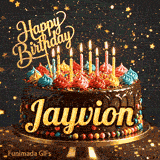 Shimmering animated card featuring a detailed chocolate cake and the name Jayvion for his birthday celebration.