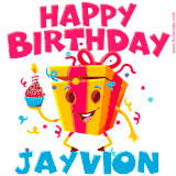 A funny animated birthday GIF with the words 'Happy Birthday Jayviona', colorful gift box with arms and legs, holding a cupcake with a lit candle  with confetti everywhere.