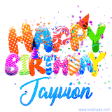 Animated GIF with colorful, festive 'Happy Birthday Jayvion' text decorated with patterns, a party hat, and falling confetti. A vibrant and cheerful design for birthday celebrations.