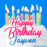 A cheerful animated GIF featuring colorful lit birthday candles on a white cake, with the text 'Happy Birthday Jayvon' in bold red and blue script on a bright blue background.
