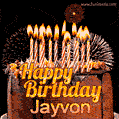 A rich chocolate cake topped with glowing birthday candles and surrounded by bright fireworks. The animated GIF displays the message 'Happy Birthday Jayvon' in golden text.