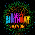 A colorful animated GIF featuring the text 'Happy Birthday Jayvon!' in rainbow colors with a dynamic iridescent firework display in the background.