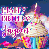 A festive animated GIF featuring a colorful cupcake with a single lit candle, sprinkles, and 'Happy Birthday Jayvon' text against a sparkling, celebratory background.