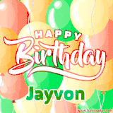 Animated GIF featuring colorful balloons in the background with the cheerful text 'Happy Birthday Jayvon'.
