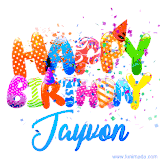 Animated GIF with colorful, festive 'Happy Birthday Jayvon' text decorated with patterns, a party hat, and falling confetti. A vibrant and cheerful design for birthday celebrations.