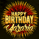 Golden 'Happy Birthday Jazaria' text accompanied by animated rainbow fireworks for a festive animated greeting.