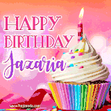 A vibrant birthday GIF featuring a rainbow-colored cupcake topped with white frosting, sprinkles, and a lit candle. The text reads 'Happy Birthday Jazaria' in bold pink and violet letters with white outline.