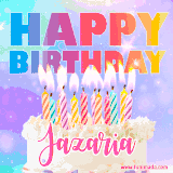 A vibrant animated name GIF with the words 'Happy Birthday Jazaria' with colorful candles on a creamy cake. The background sparkles with pastel shades, adding a festive touch.