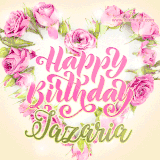 A stunning heart made of pink roses surrounds the elegant script text 'Happy Birthday Jazaria' on a soft beige background. Animated sparkles add a magical and festive feel.