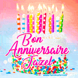 A white birthday cake covered in colorful sprinkles, topped with bright candles, and French text 'Bon Anniversaire Jazel' on a pastel gradient background in an animated GIF.