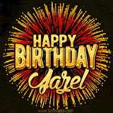 Golden 'Happy Birthday Jazel' text accompanied by animated rainbow fireworks for a festive animated greeting.