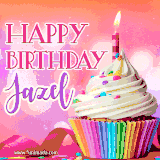 A vibrant birthday GIF featuring a rainbow-colored cupcake topped with white frosting, sprinkles, and a lit candle. The text reads 'Happy Birthday Jazel' in bold pink and violet letters with white outline.