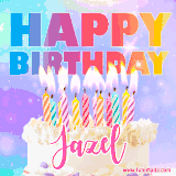 A vibrant animated name GIF with the words 'Happy Birthday Jazel' with colorful candles on a creamy cake. The background sparkles with pastel shades, adding a festive touch.