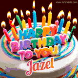 A colorful birthday cake topped with lit candles, with the words 'Happy Birthday Jazel' in bold glowing letters on a burgundy background. Animated flames add a festive touch.