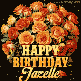 Animated bouquet of orange roses with moving butterfles and golden 'Happy Birthday Jazelle' text, surrounded by sparkling accents and a dark backdrop for a luxurious feel.