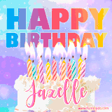 A vibrant animated name GIF with the words 'Happy Birthday Jazelle' with colorful candles on a creamy cake. The background sparkles with pastel shades, adding a festive touch.