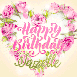 A stunning heart made of pink roses surrounds the elegant script text 'Happy Birthday Jazelle' on a soft beige background. Animated sparkles add a magical and festive feel.