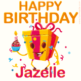 A vibrant and funny gift box character with a happy face dancing with a cupcake and the text 'Happy Birthday Jazelle,' surrounded by animated confetti and party vibes.
