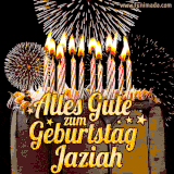 A chocolate birthday cake with glowing candles, the German text 'Alles Gute zum Geburtstag Jaziah,' and vibrant fireworks lighting up the background in an animated GIF.