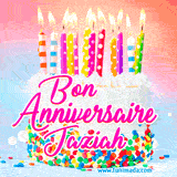 A white birthday cake covered in colorful sprinkles, topped with bright candles, and French text 'Bon Anniversaire Jaziah' on a pastel gradient background in an animated GIF.