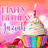 A vibrant birthday GIF featuring a rainbow-colored cupcake topped with white frosting, sprinkles, and a lit candle. The text reads 'Happy Birthday Jaziah' in bold pink and violet letters with white outline.
