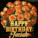 Animated bouquet of orange roses with moving butterfles and golden 'Happy Birthday Jaziah' text, surrounded by sparkling accents and a dark backdrop for a luxurious feel.