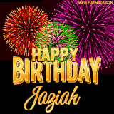 A golden 'Happy Birthday Jaziah' message with vibrant fireworks in the background, creating a festive and celebratory vibe in this animated name GIF.