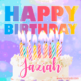 A vibrant animated name GIF with the words 'Happy Birthday Jaziah' with colorful candles on a creamy cake. The background sparkles with pastel shades, adding a festive touch.